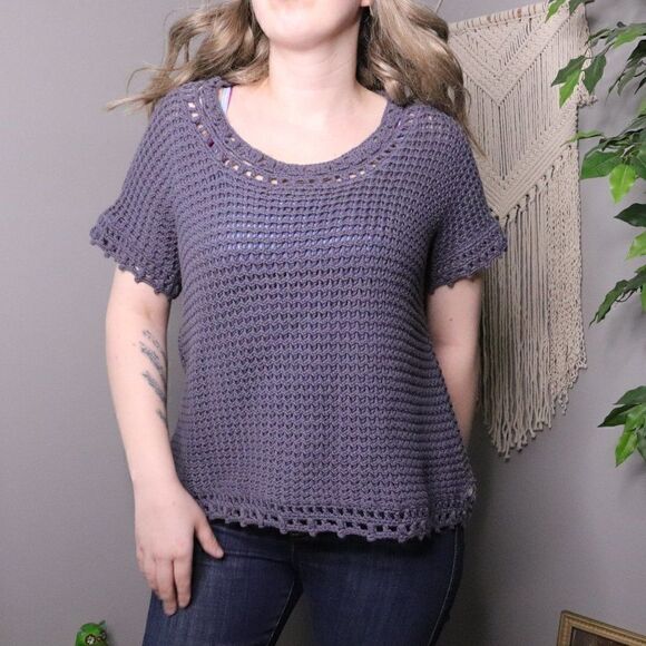 Pure Handknit | Chunky Knit Crochet Short Sleeve Blouse - Picture 1 of 7